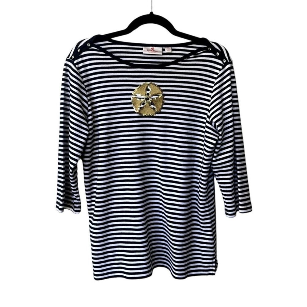 Quacker Factory Womens Top Sz M 3/4 Sleeve Embellished Black Stripe Sand‎ Dollar